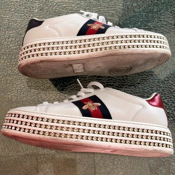 GUCCI Leather and Bee Detail with Ace Crystal Embellished Platform Sneakers - Picture 3 of 14